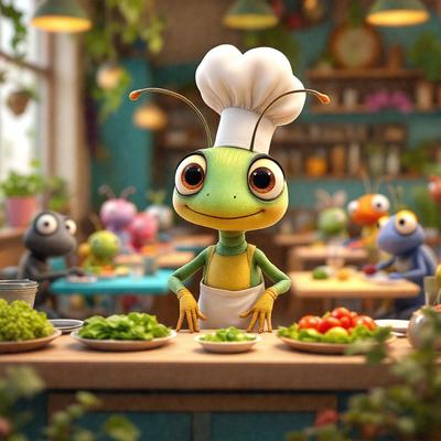 The primary subject of the image is a cartoon frog chef, who is standing in a kitchen and preparing food. The setting is a colorful and whimsical environment, with various kitchen items and potted plants surrounding the chef. The visual style is a combination of digital art and illustration, creating a lively and fun atmosphere. The colors are vibrant and cheerful, with the frog chef being the main focus of the image.